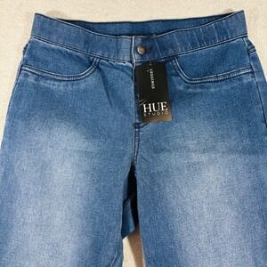 Hue Studio Denim Legging Womens Small Blue Medium Wash Frayed Edge NWT Med Wash
